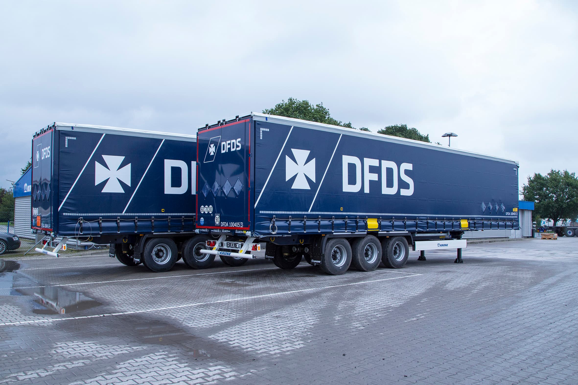 DFDS Logistics trailers parked in a shipyard