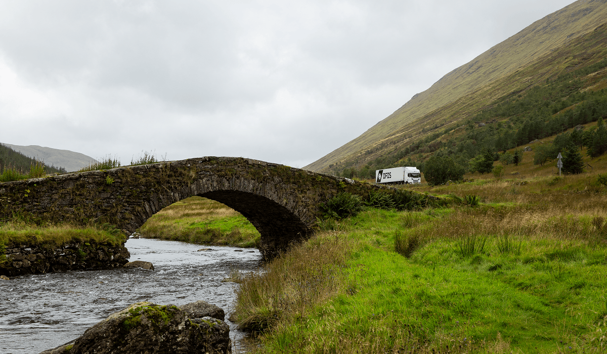 DFDS Logistics truck driving through the Scottish countryside