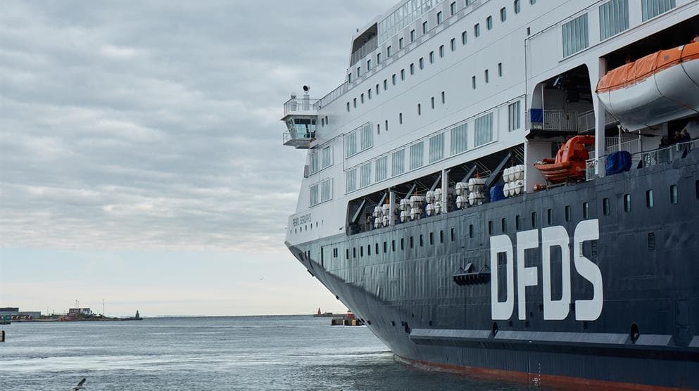 Low angle view of the side of a DFDS ship