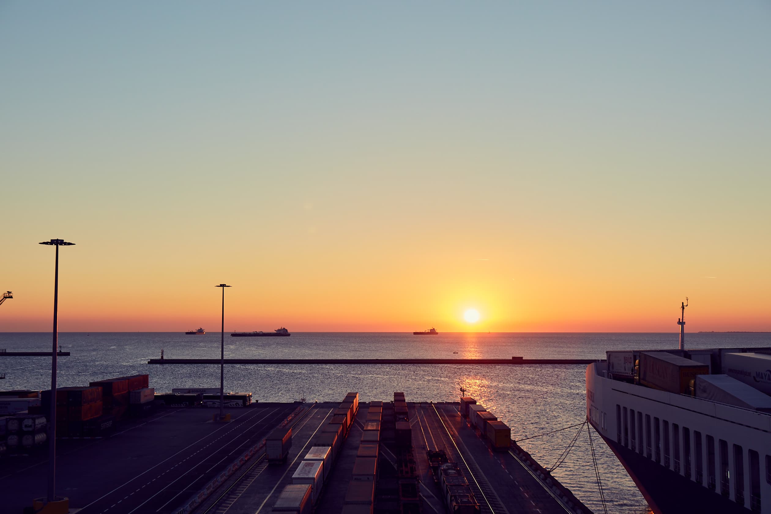 DFDS Trieste sunset view out of the port terminal.