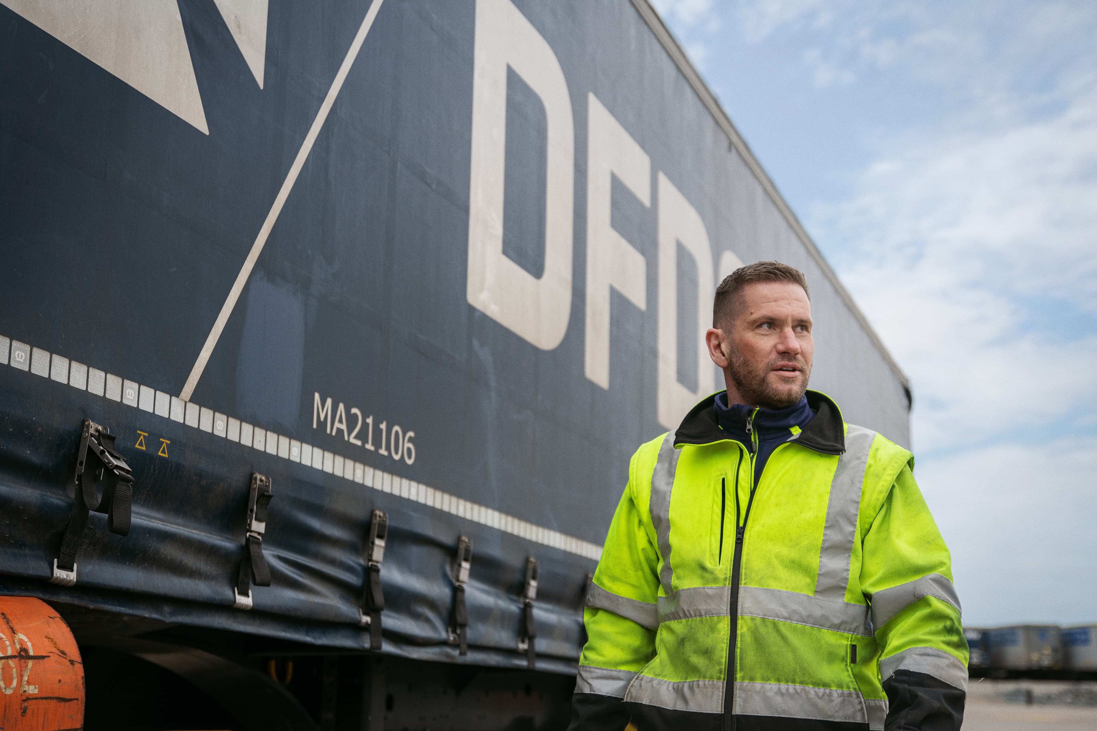 Driver, high visibility vest, high vis